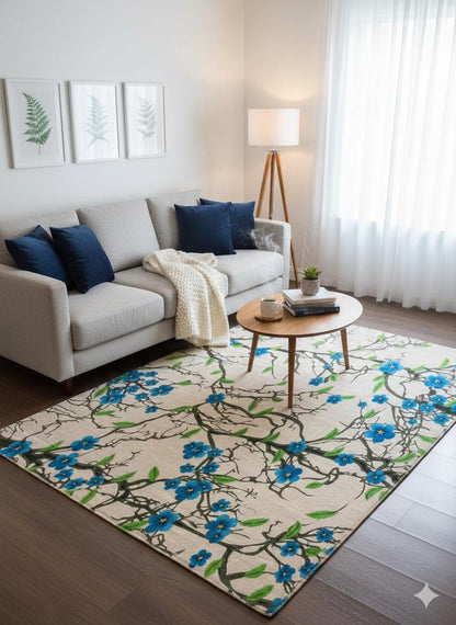 Blue Floral Branch Area Rug, 5x8 Large Modern Cherry Blossom Carpet, Anti-Allergic