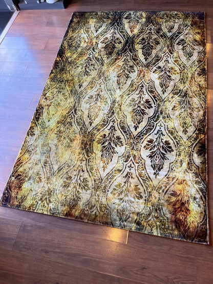 5x8 Gold Distressed Damask Rug – Vintage Medallion Polyester Carpet