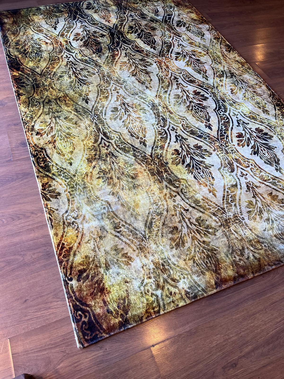 5x8 Gold Distressed Damask Rug – Vintage Medallion Polyester Carpet