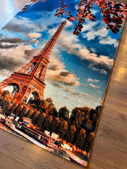 Eiffel Tower Area Rug – Autumn Paris Cityscape, Hypoallergenic 5x8ft