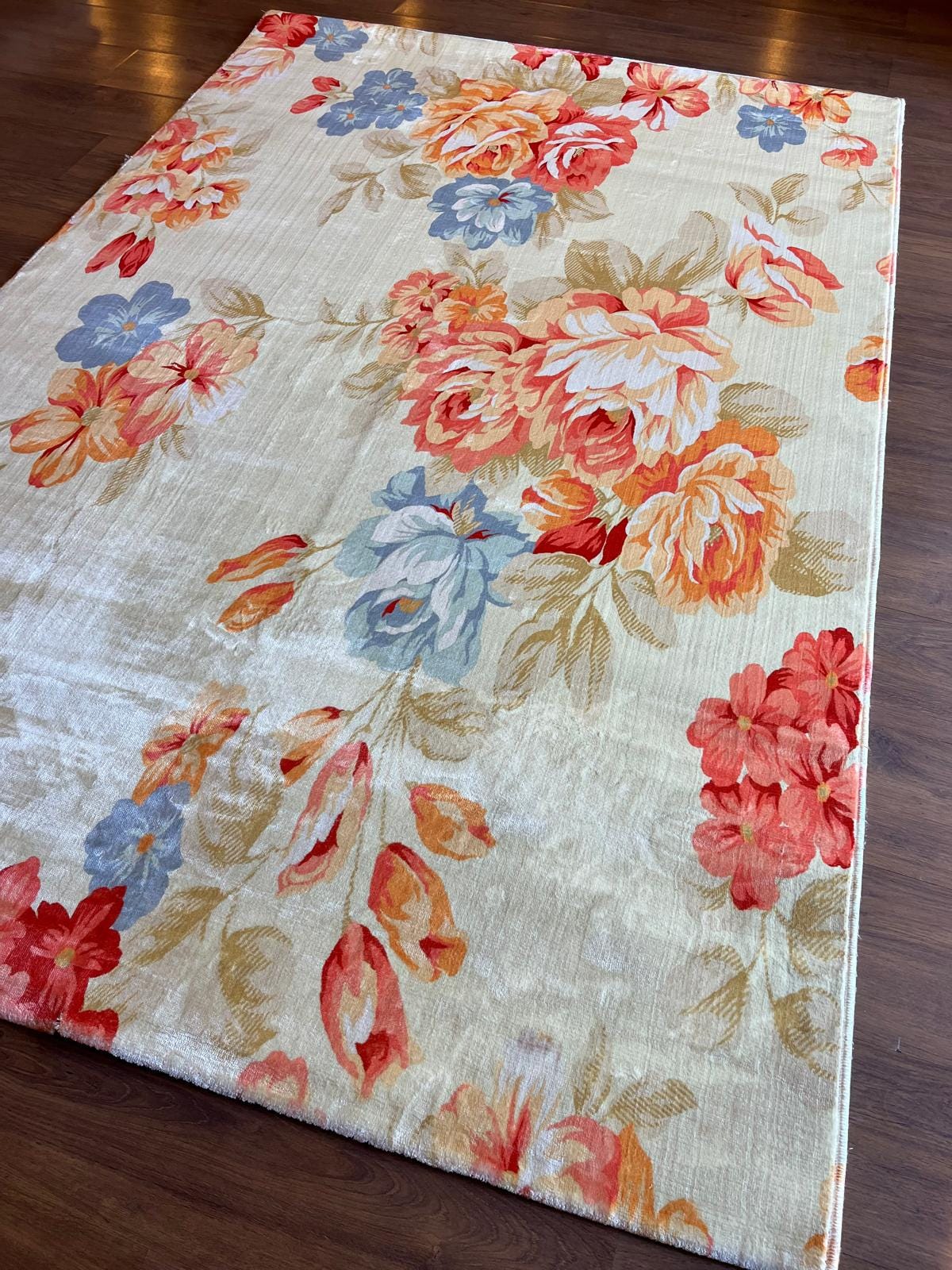 Large Floral 5x8 Rug, Orange and Blue Rose Area Rug for Living Room, Non-Shedding