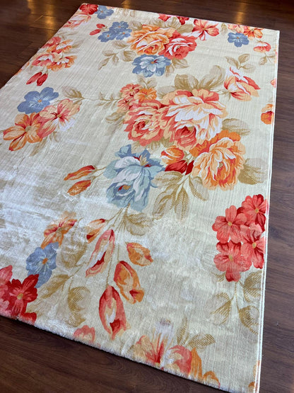 Large Floral 5x8 Rug, Orange and Blue Rose Area Rug for Living Room, Non-Shedding
