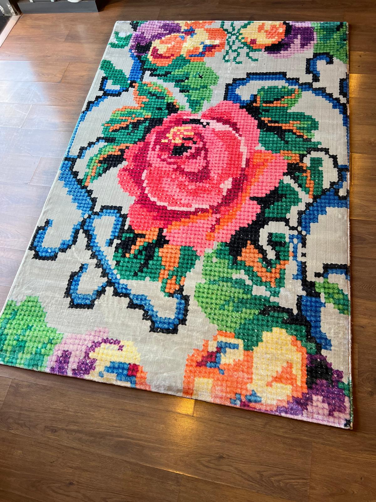Pink Rose Floral Area Rug – Modern Pixel Art Polyester Carpet (5x8 ft.)