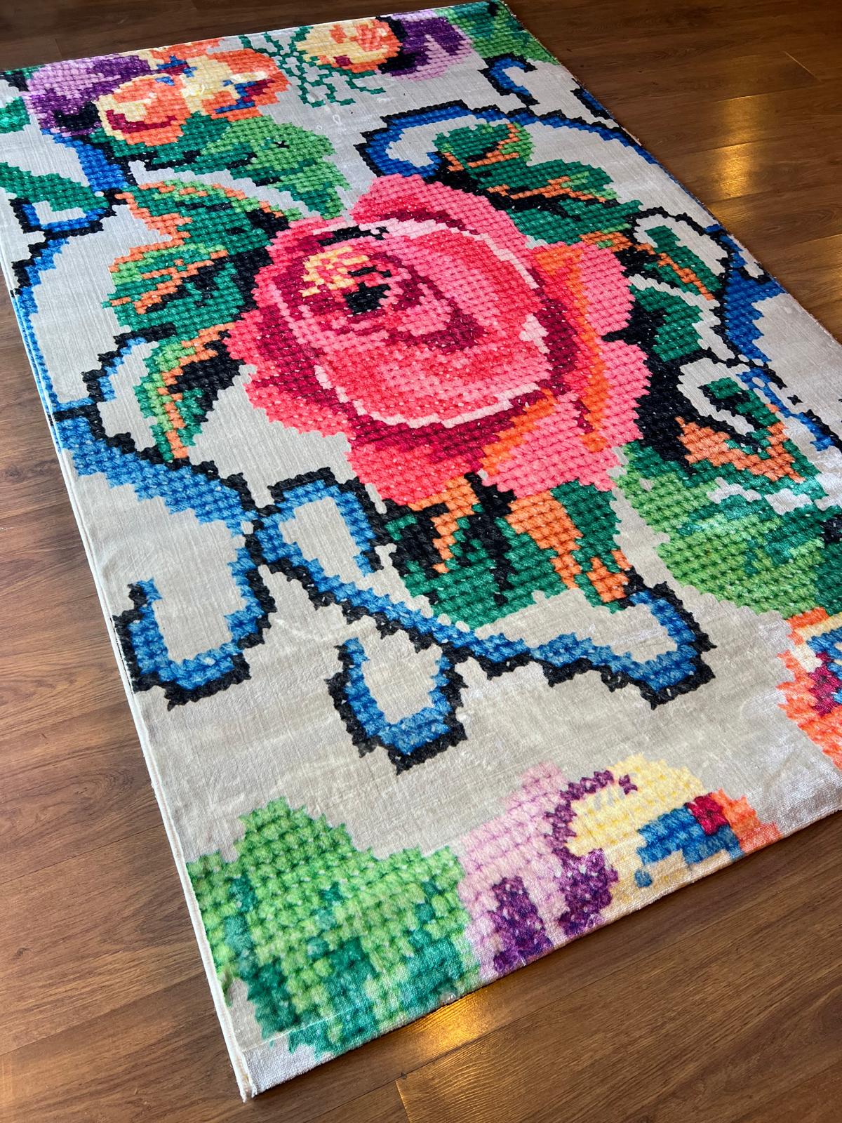Pink Rose Floral Area Rug – Modern Pixel Art Polyester Carpet (5x8 ft.)