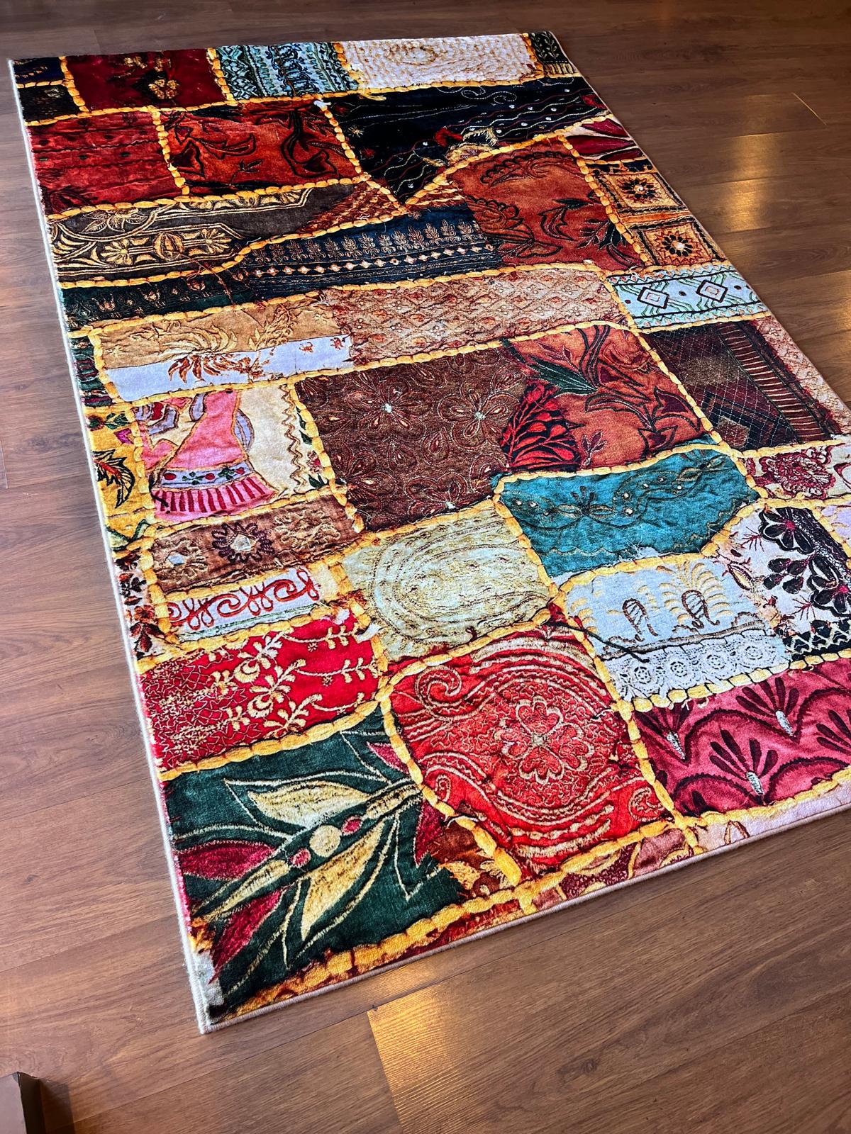 Boho Patchwork Area Rug – 5x8 ft, Colorful Eclectic Polyester Rug