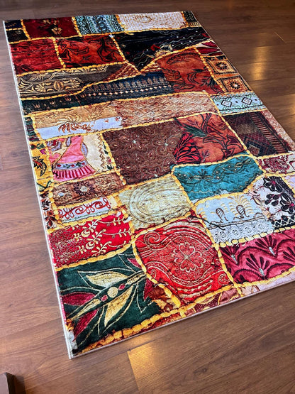 Boho Patchwork Area Rug – 5x8 ft, Colorful Eclectic Polyester Rug