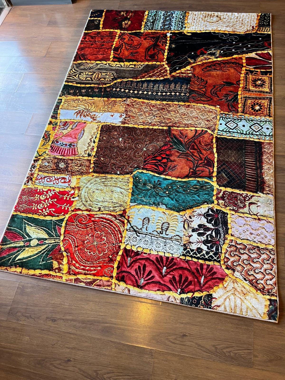 Boho Patchwork Area Rug – 5x8 ft, Colorful Eclectic Polyester Rug