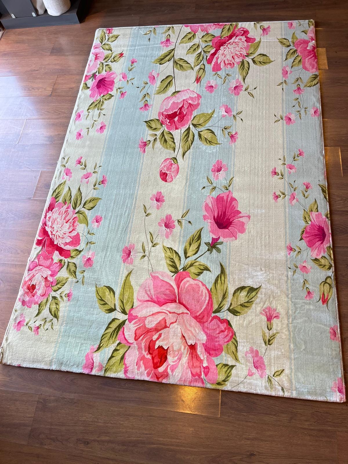 Pink Floral Area Rug, Blue Striped Botanical Carpet, 5x8ft washable