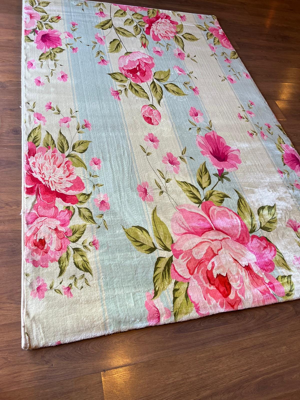 Pink Floral Area Rug, Blue Striped Botanical Carpet, 5x8ft washable