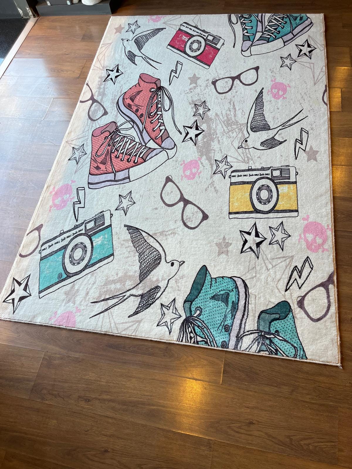 Retro Sneaker & Camera Area Rug | 5x8 Teen Room Decor