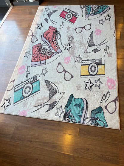 Retro Sneaker & Camera Area Rug | 5x8 Teen Room Decor