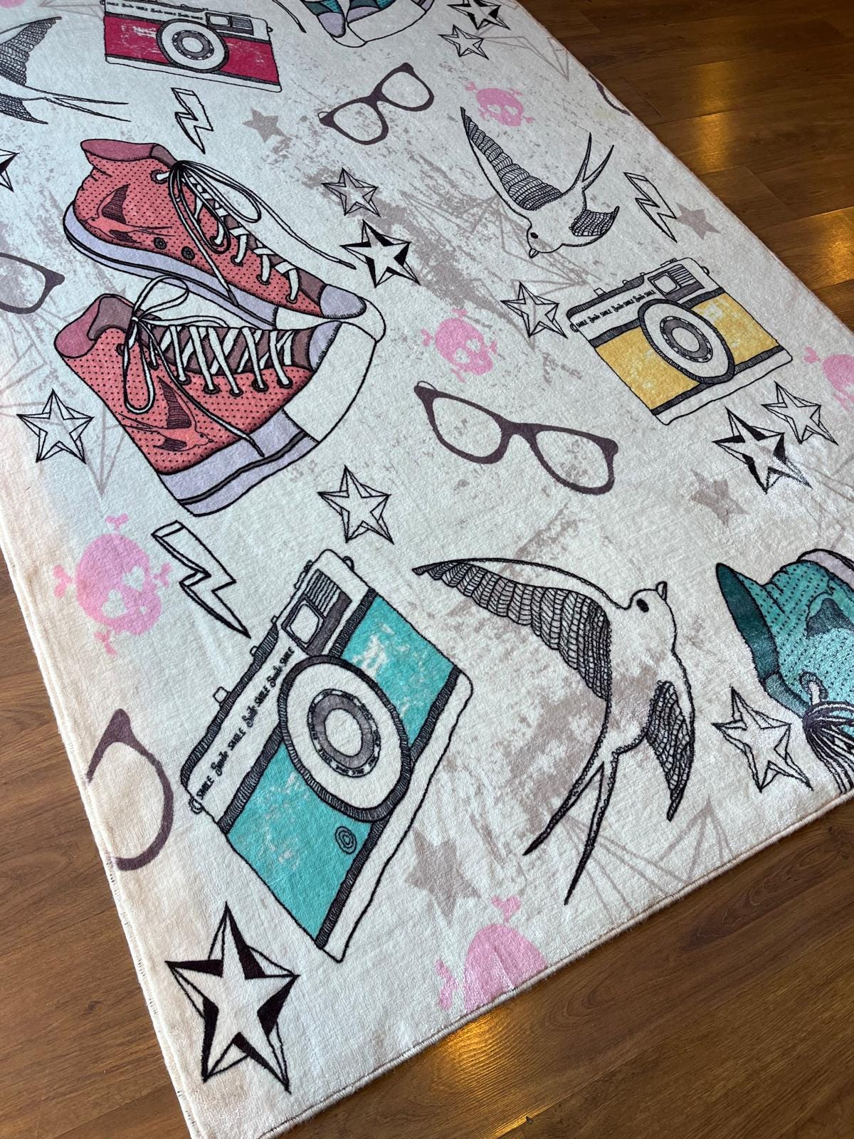 Retro Sneaker & Camera Area Rug | 5x8 Teen Room Decor