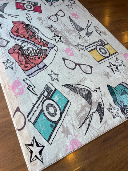 Retro Sneaker & Camera Area Rug | 5x8 Teen Room Decor