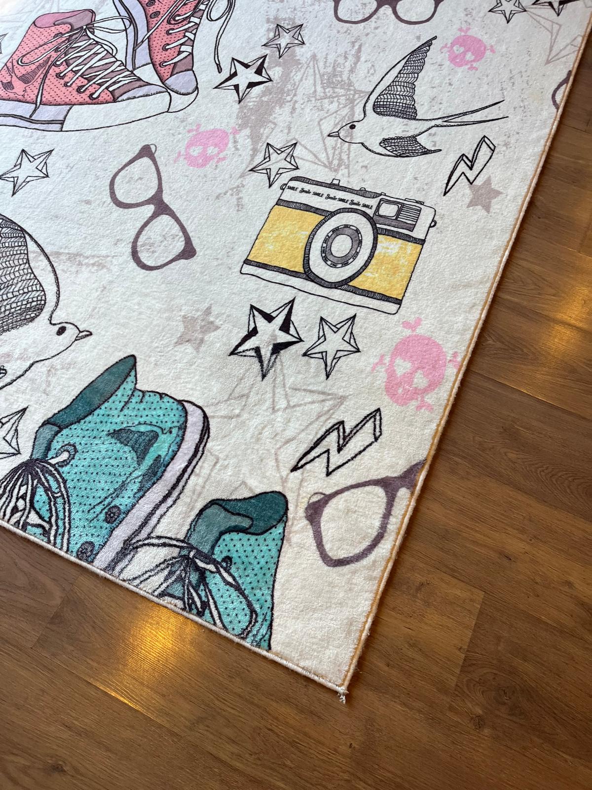 Retro Sneaker & Camera Area Rug | 5x8 Teen Room Decor