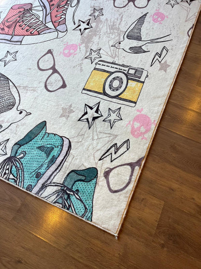 Retro Sneaker & Camera Area Rug | 5x8 Teen Room Decor