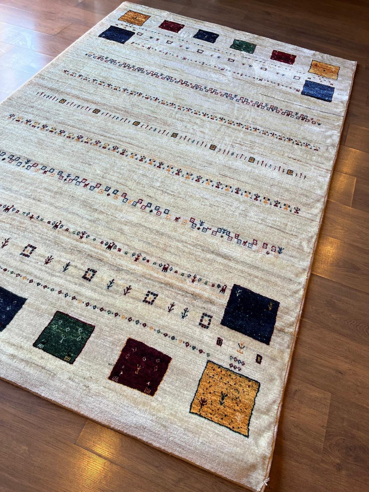 Cream Tribal Area Rug | Modern Gabbeh Geometric Polyester Rug (5x8 ft)