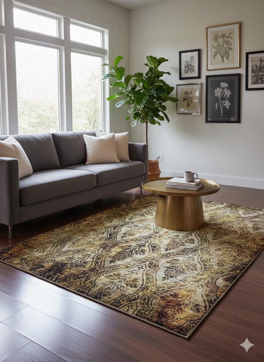 5x8 Gold Distressed Damask Rug – Vintage Medallion Polyester Carpet