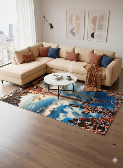 Eiffel Tower Area Rug – Autumn Paris Cityscape, Hypoallergenic 5x8ft