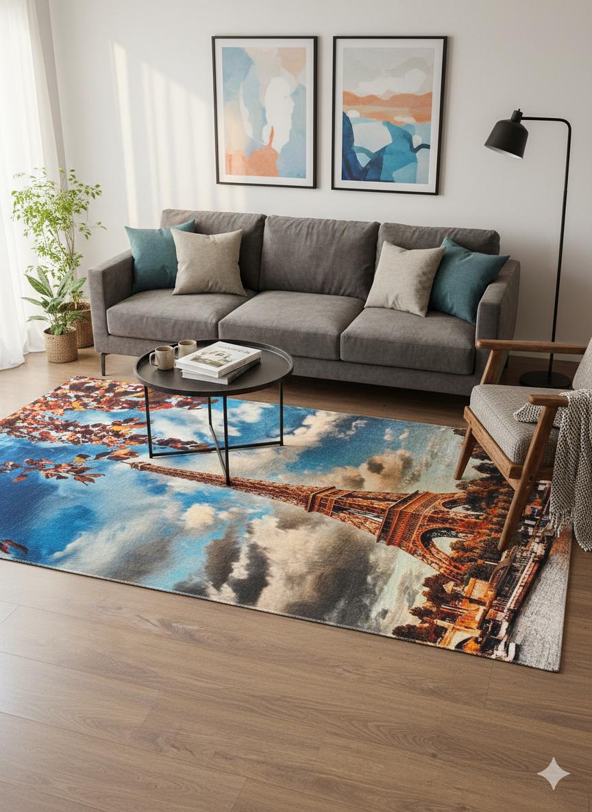 Eiffel Tower Area Rug – Autumn Paris Cityscape, Hypoallergenic 5x8ft
