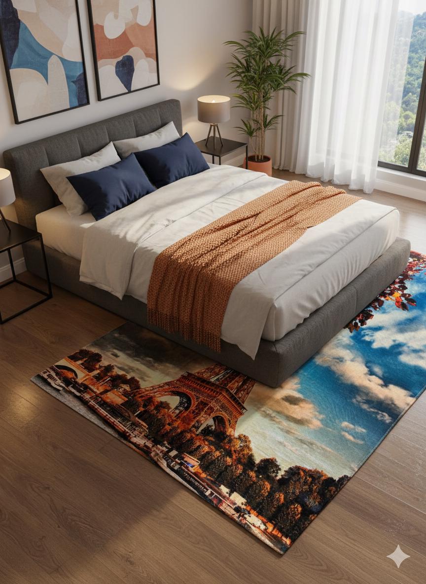 Eiffel Tower Area Rug – Autumn Paris Cityscape, Hypoallergenic 5x8ft