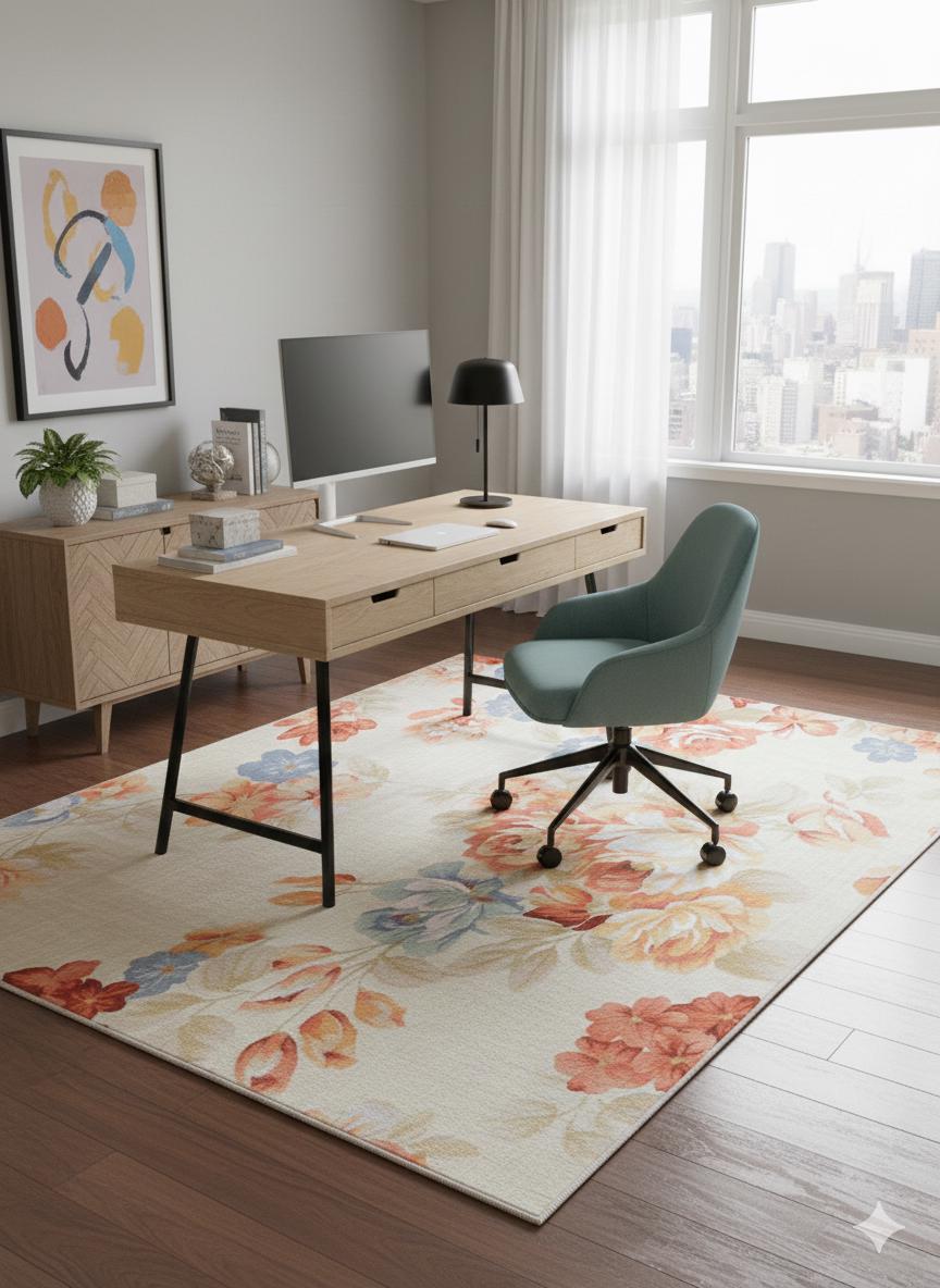 Large Floral 5x8 Rug, Orange and Blue Rose Area Rug for Living Room, Non-Shedding