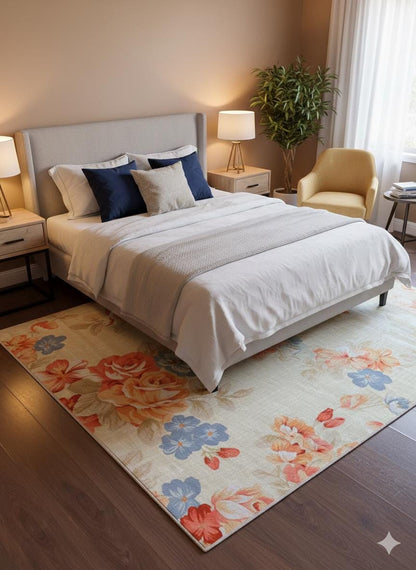Large Floral 5x8 Rug, Orange and Blue Rose Area Rug for Living Room, Non-Shedding