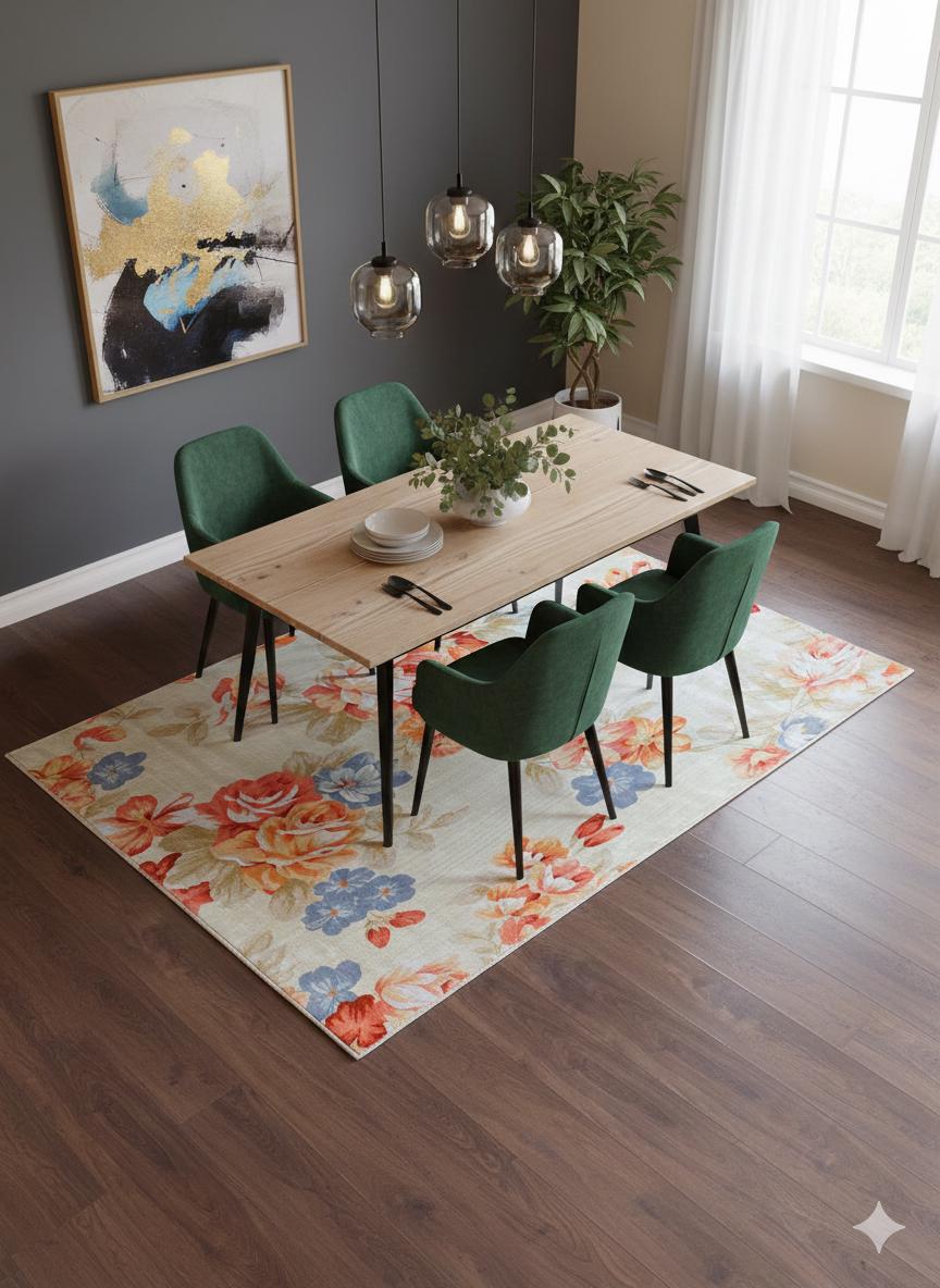Large Floral 5x8 Rug, Orange and Blue Rose Area Rug for Living Room, Non-Shedding