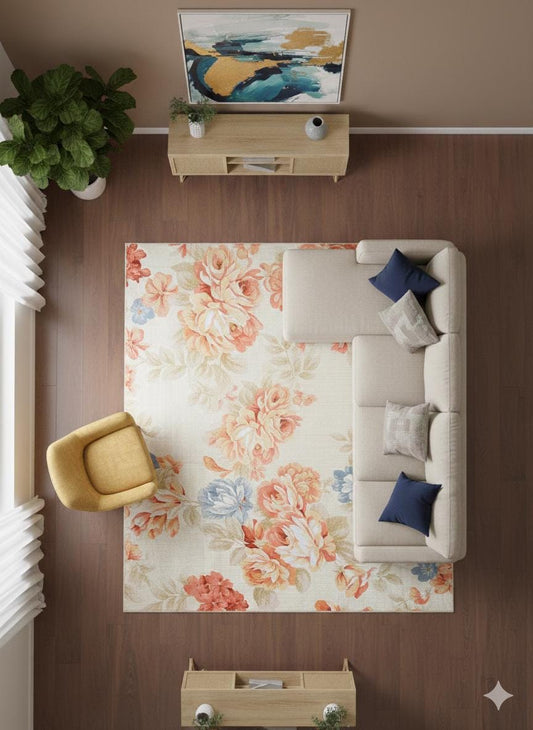 Large Floral 5x8 Rug, Orange and Blue Rose Area Rug for Living Room, Non-Shedding