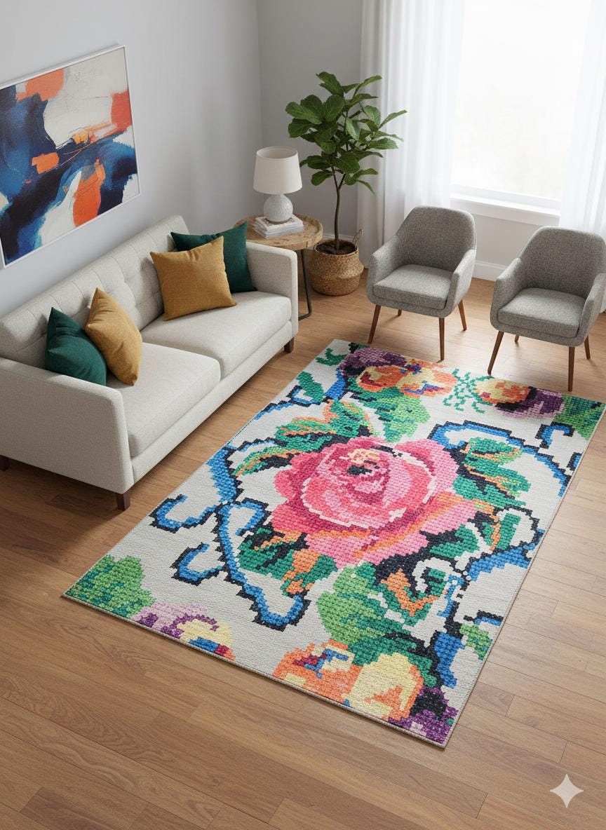 Pink Rose Floral Area Rug – Modern Pixel Art Polyester Carpet (5x8 ft.)