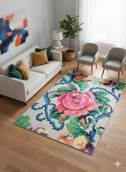 Pink Rose Floral Area Rug – Modern Pixel Art Polyester Carpet (5x8 ft.)