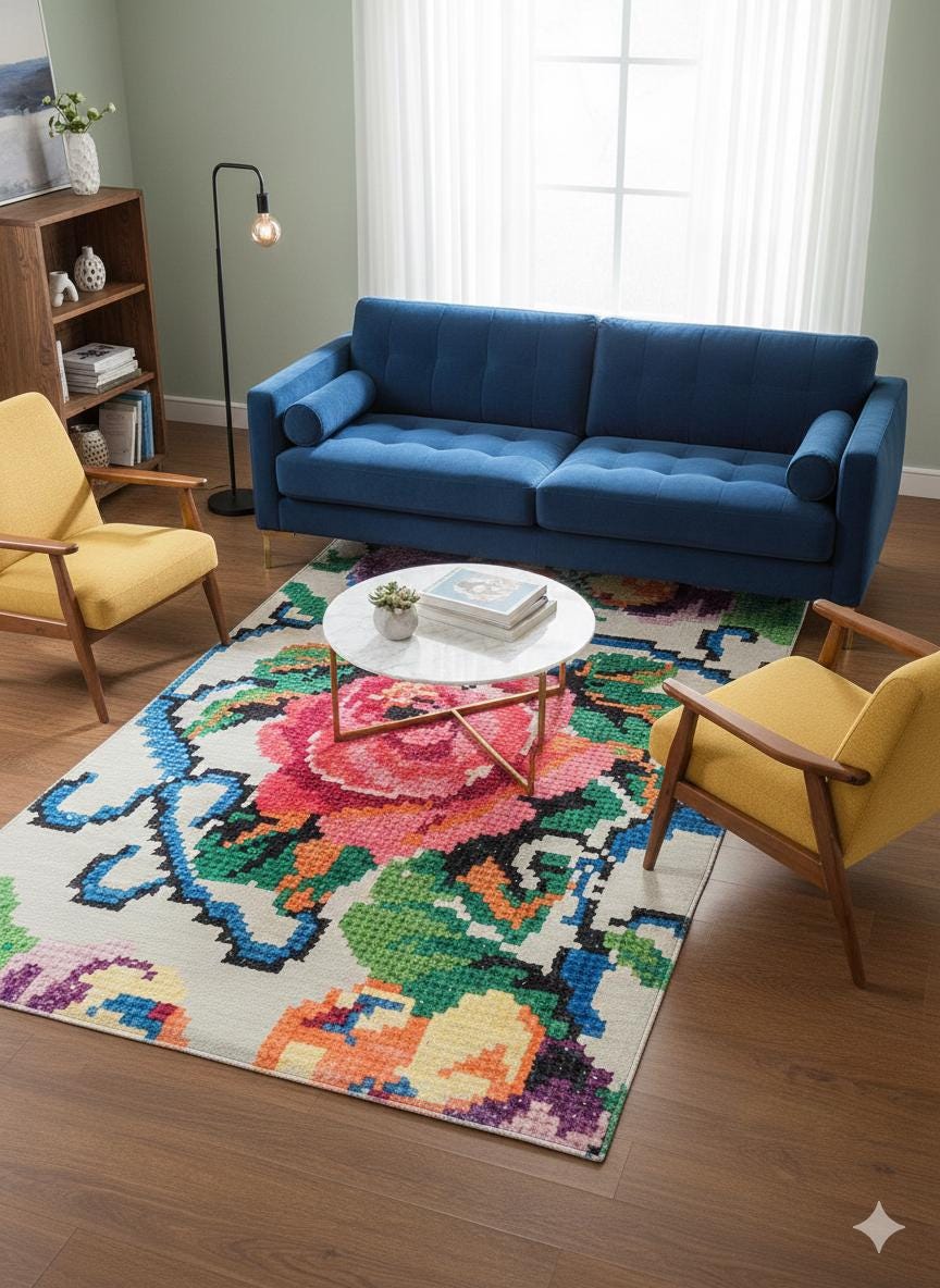 Pink Rose Floral Area Rug – Modern Pixel Art Polyester Carpet (5x8 ft.)