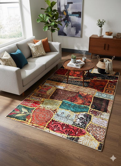 Boho Patchwork Area Rug – 5x8 ft, Colorful Eclectic Polyester Rug