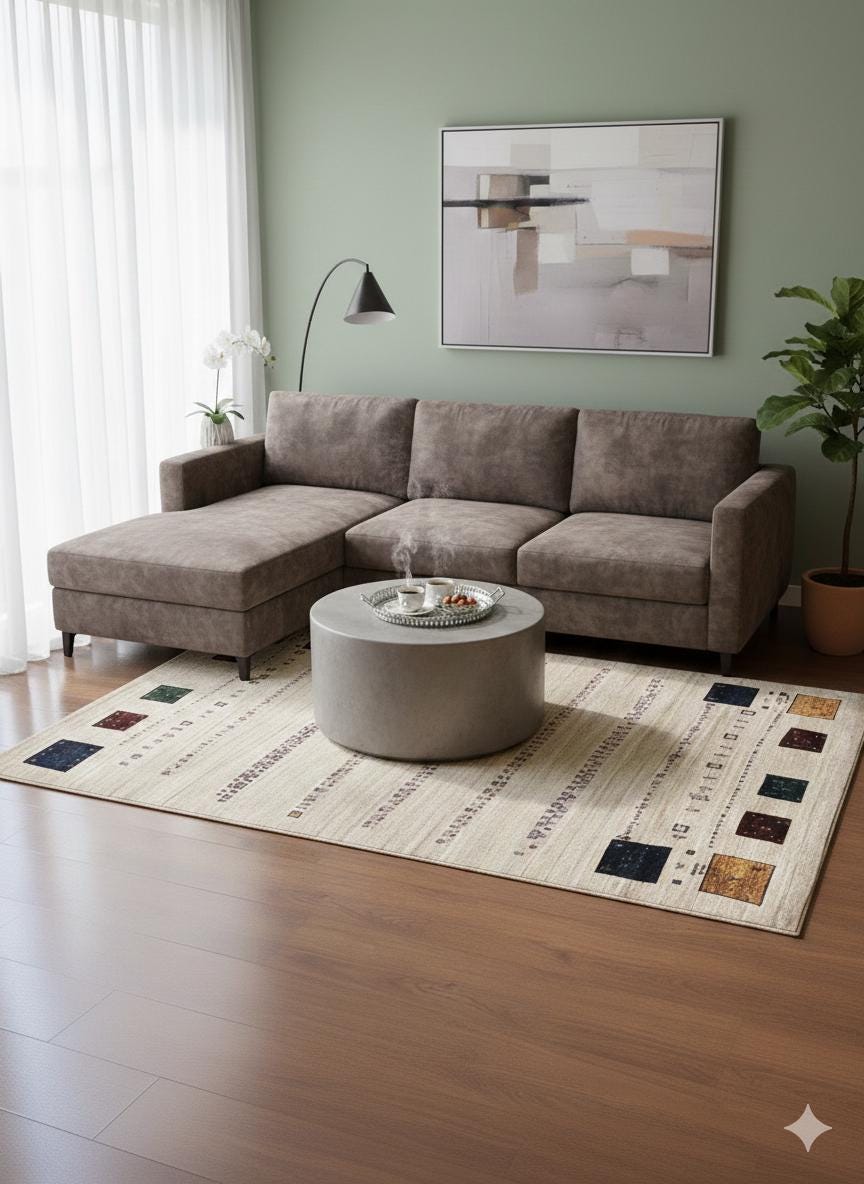 Cream Tribal Area Rug | Modern Gabbeh Geometric Polyester Rug (5x8 ft)