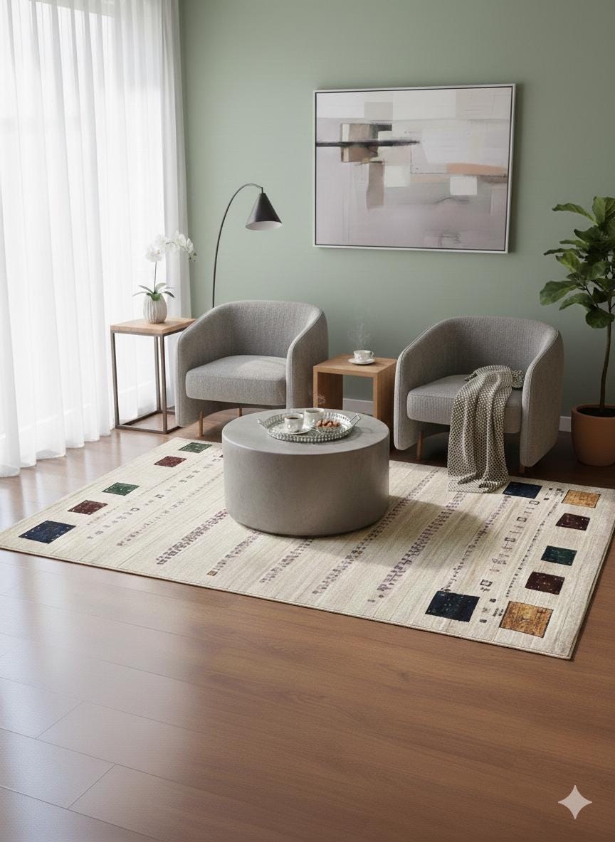 Cream Tribal Area Rug | Modern Gabbeh Geometric Polyester Rug (5x8 ft)