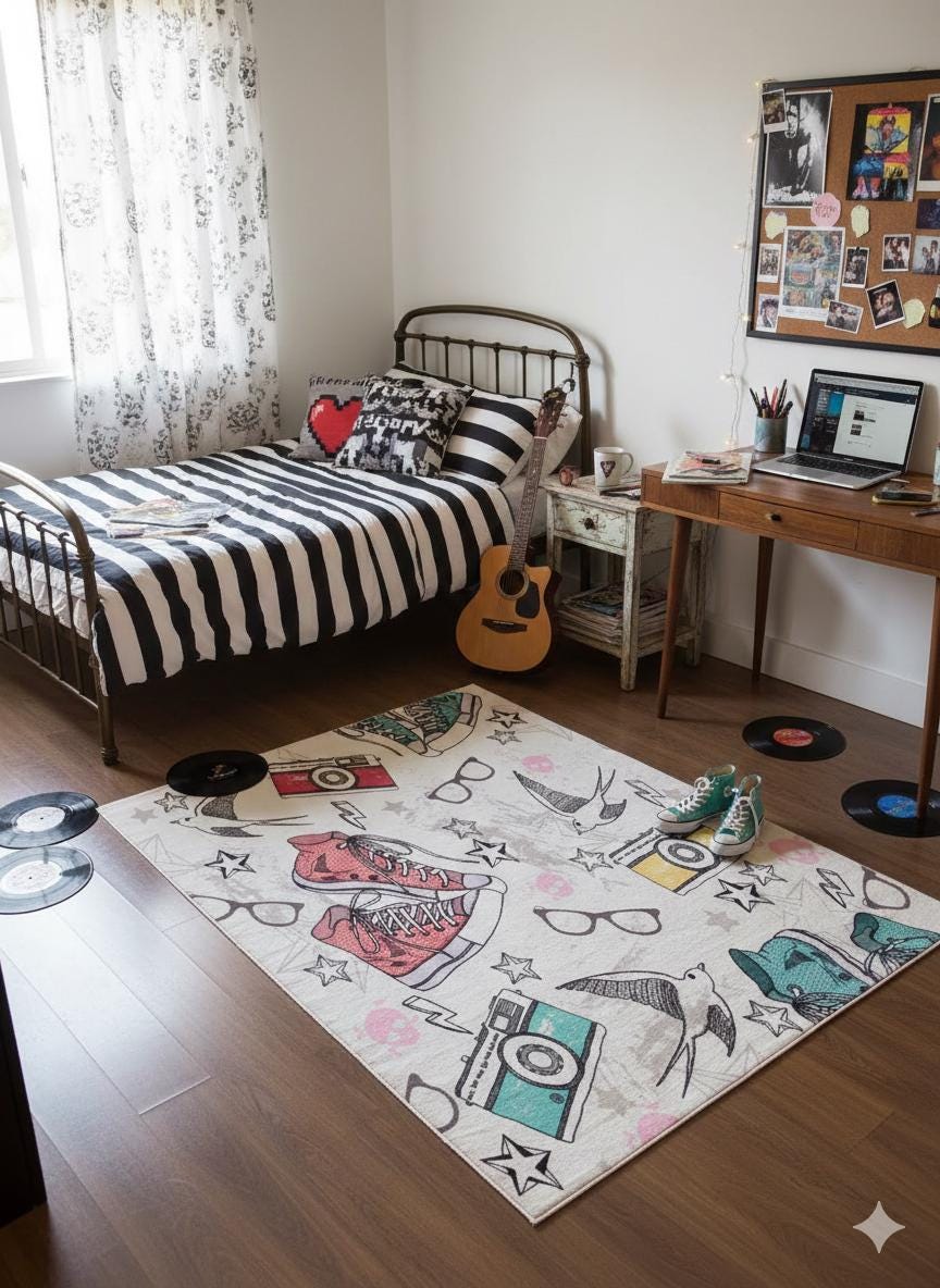 Retro Sneaker & Camera Area Rug | 5x8 Teen Room Decor