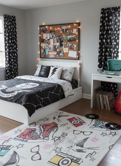 Retro Sneaker & Camera Area Rug | 5x8 Teen Room Decor