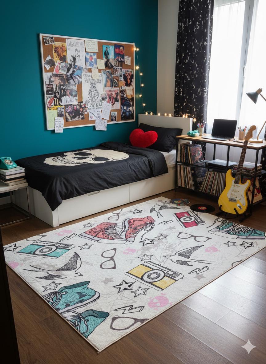 Retro Sneaker & Camera Area Rug | 5x8 Teen Room Decor