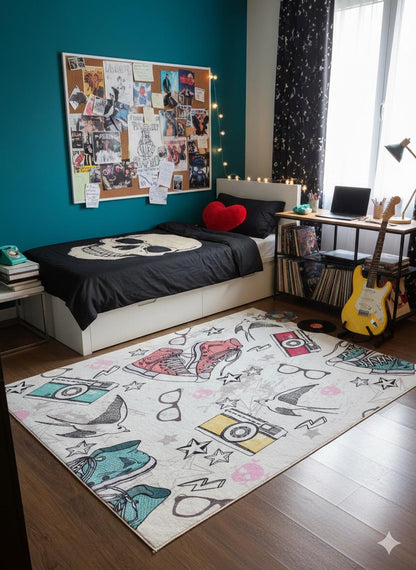 Retro Sneaker & Camera Area Rug | 5x8 Teen Room Decor