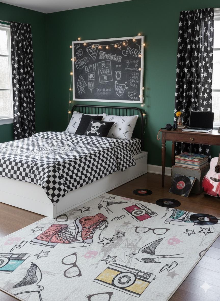 Retro Sneaker & Camera Area Rug | 5x8 Teen Room Decor