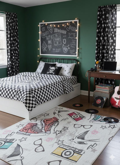 Retro Sneaker & Camera Area Rug | 5x8 Teen Room Decor