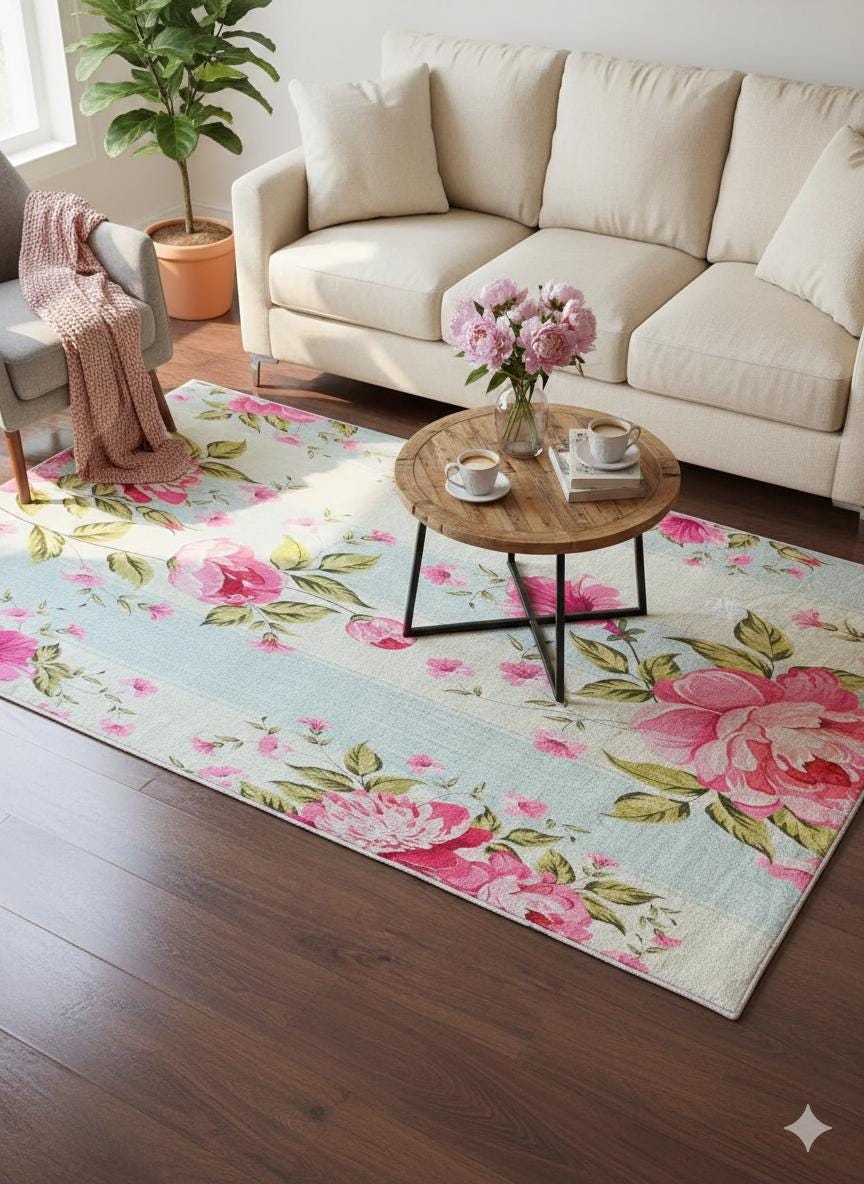 Pink Floral Area Rug, Blue Striped Botanical Carpet, 5x8ft washable