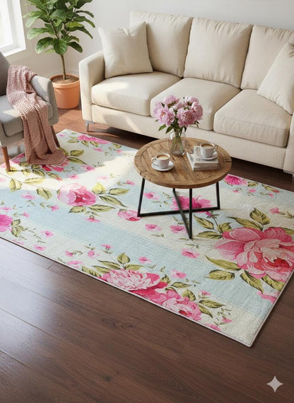 Pink Floral Area Rug, Blue Striped Botanical Carpet, 5x8ft washable