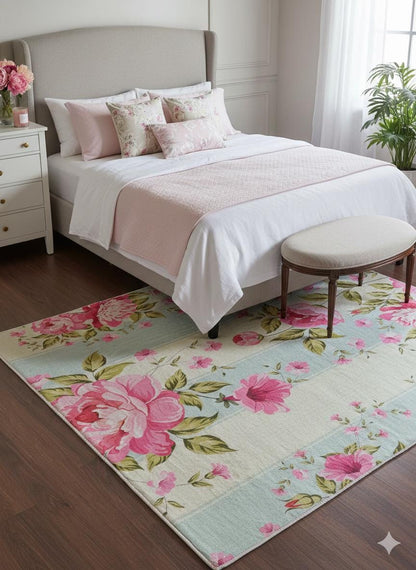 Pink Floral Area Rug, Blue Striped Botanical Carpet, 5x8ft washable