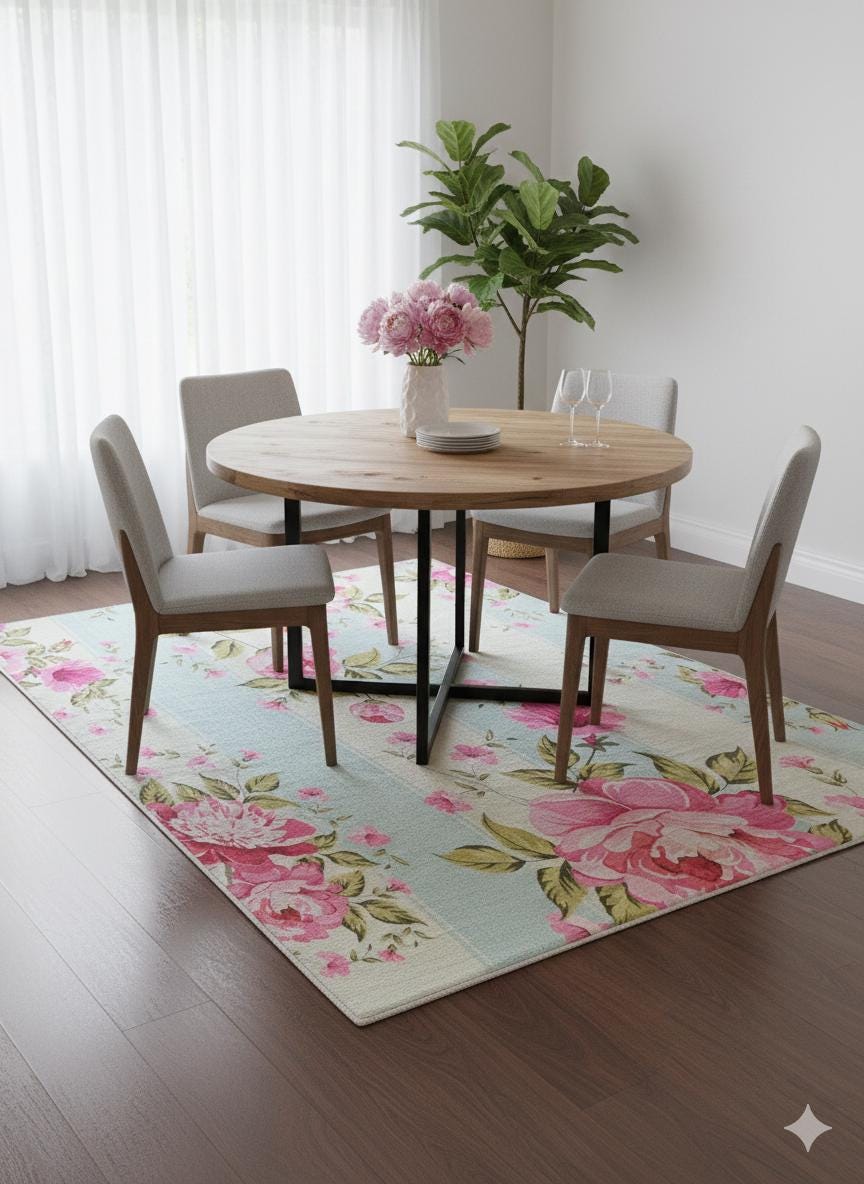 Pink Floral Area Rug, Blue Striped Botanical Carpet, 5x8ft washable