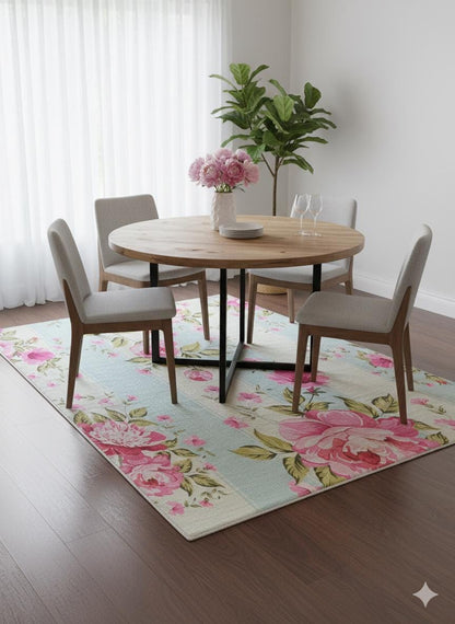 Pink Floral Area Rug, Blue Striped Botanical Carpet, 5x8ft washable