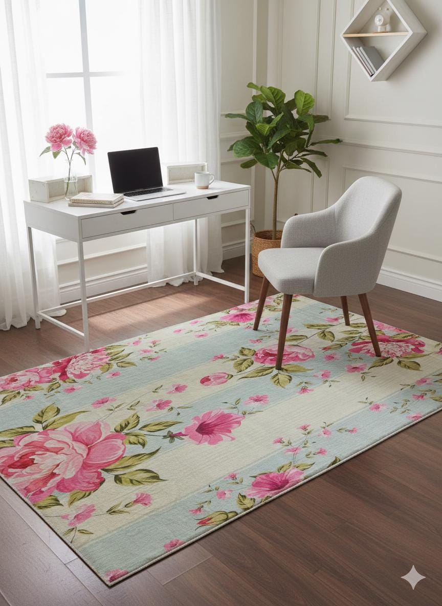 Pink Floral Area Rug, Blue Striped Botanical Carpet, 5x8ft washable