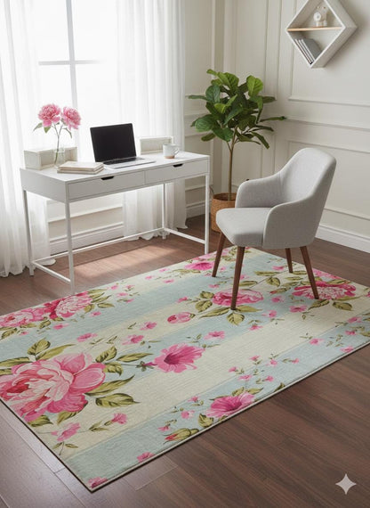 Pink Floral Area Rug, Blue Striped Botanical Carpet, 5x8ft washable