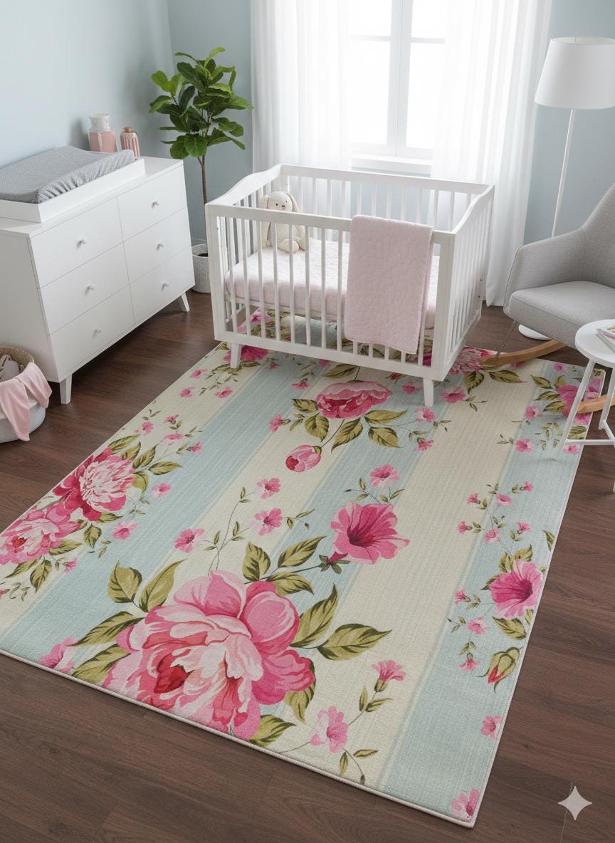 Pink Floral Area Rug, Blue Striped Botanical Carpet, 5x8ft washable