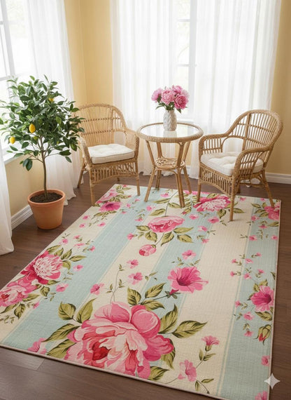 Pink Floral Area Rug, Blue Striped Botanical Carpet, 5x8ft washable