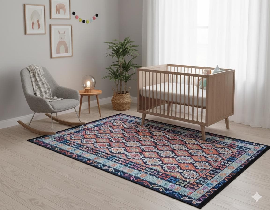 Vintage Kilim Design Rug: Washable Blue Living Room Rug